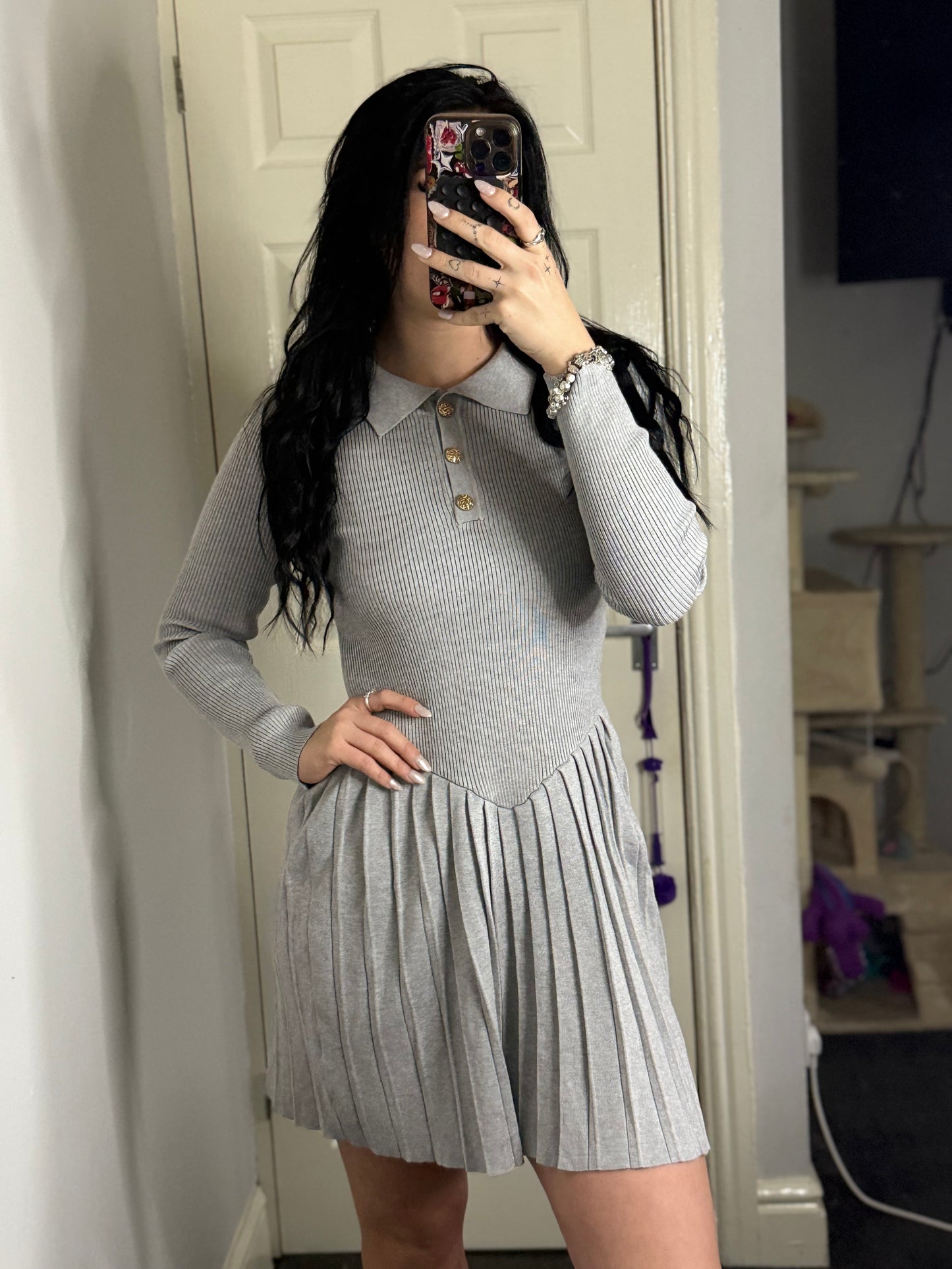 Grey knit gold button dress
