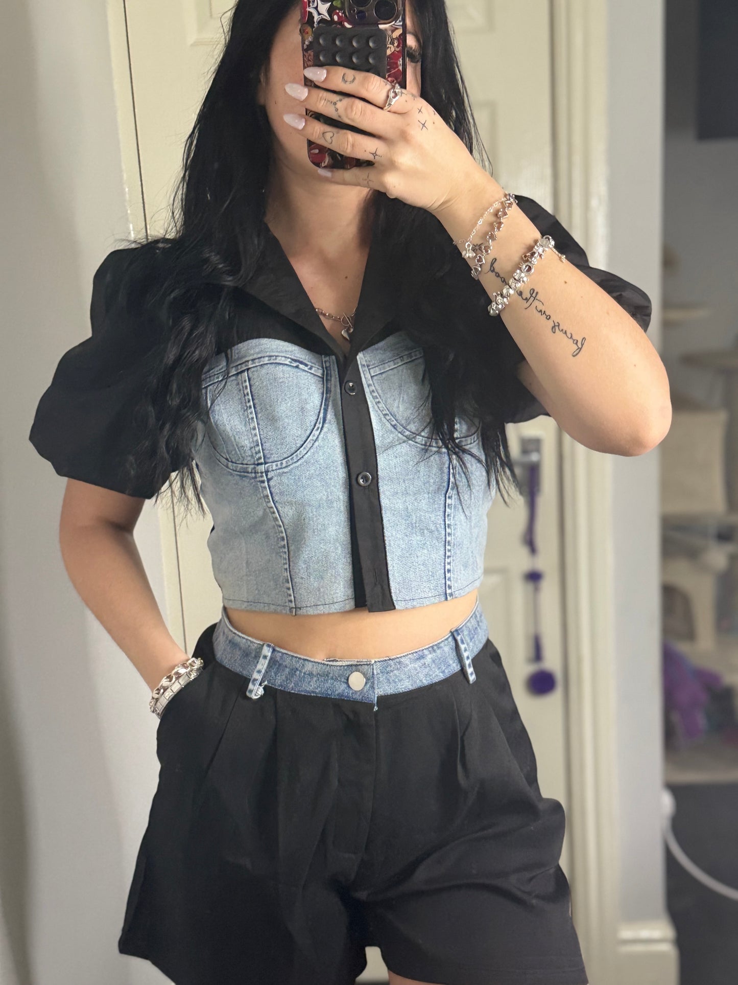 Denim Contrast Crop Top & Black Shorts Set – Mixed Media Two-Piece Outfit