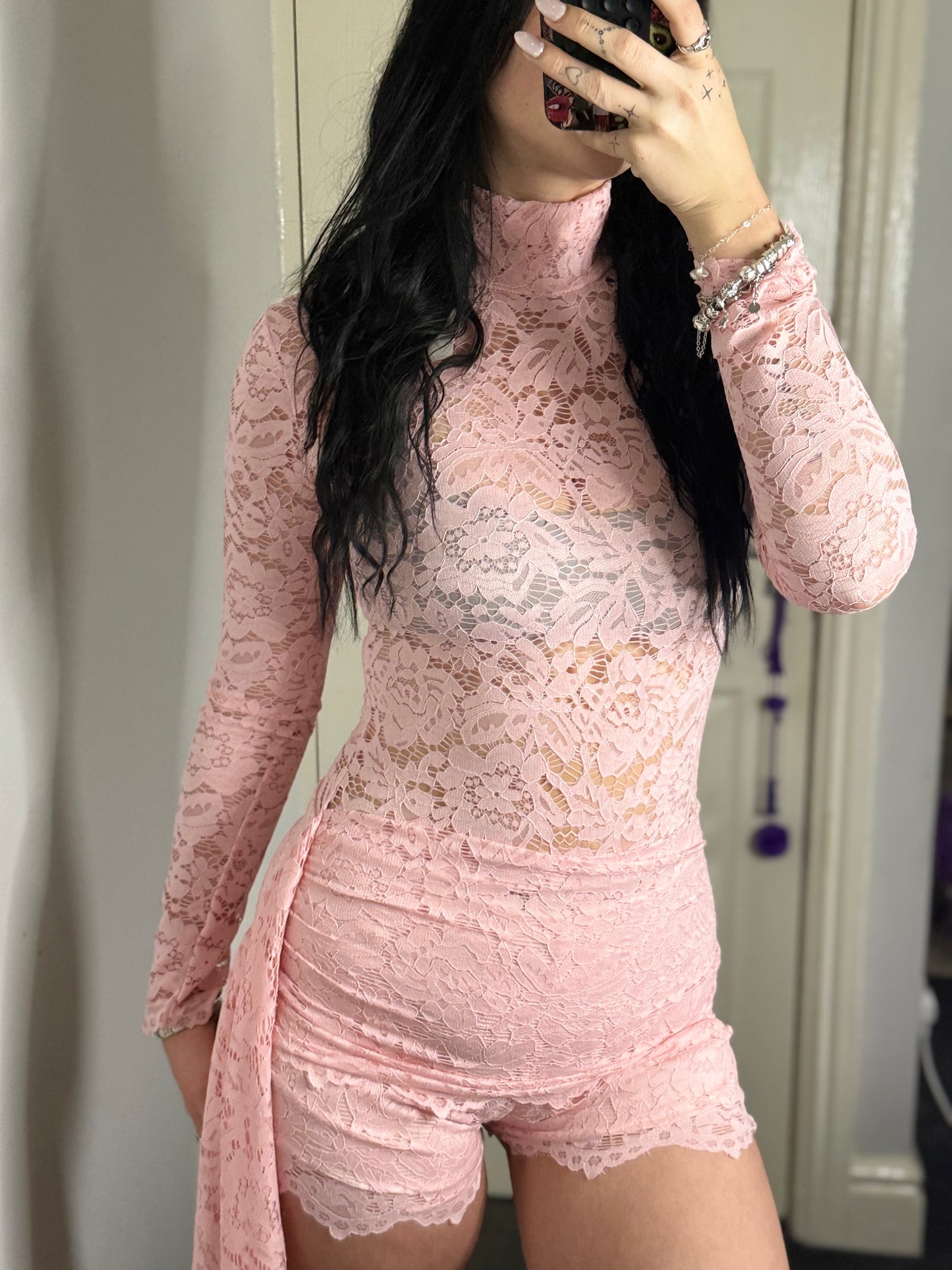 Lace Long Sleeve Romper with Side Drape – Red / Blush Pink