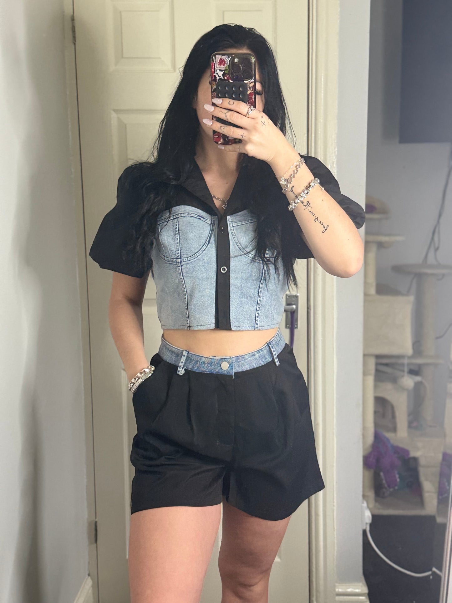Denim Contrast Crop Top & Black Shorts Set – Mixed Media Two-Piece Outfit