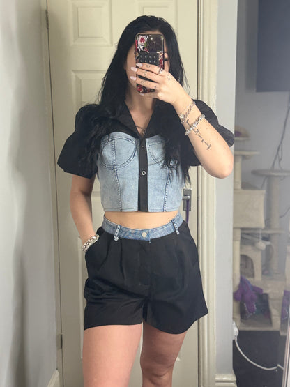 Denim Contrast Crop Top & Black Shorts Set – Mixed Media Two-Piece Outfit