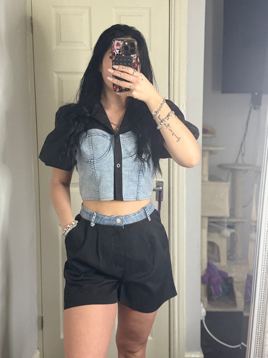 Denim Contrast Crop Top & Black Shorts Set – Mixed Media Two-Piece Outfit