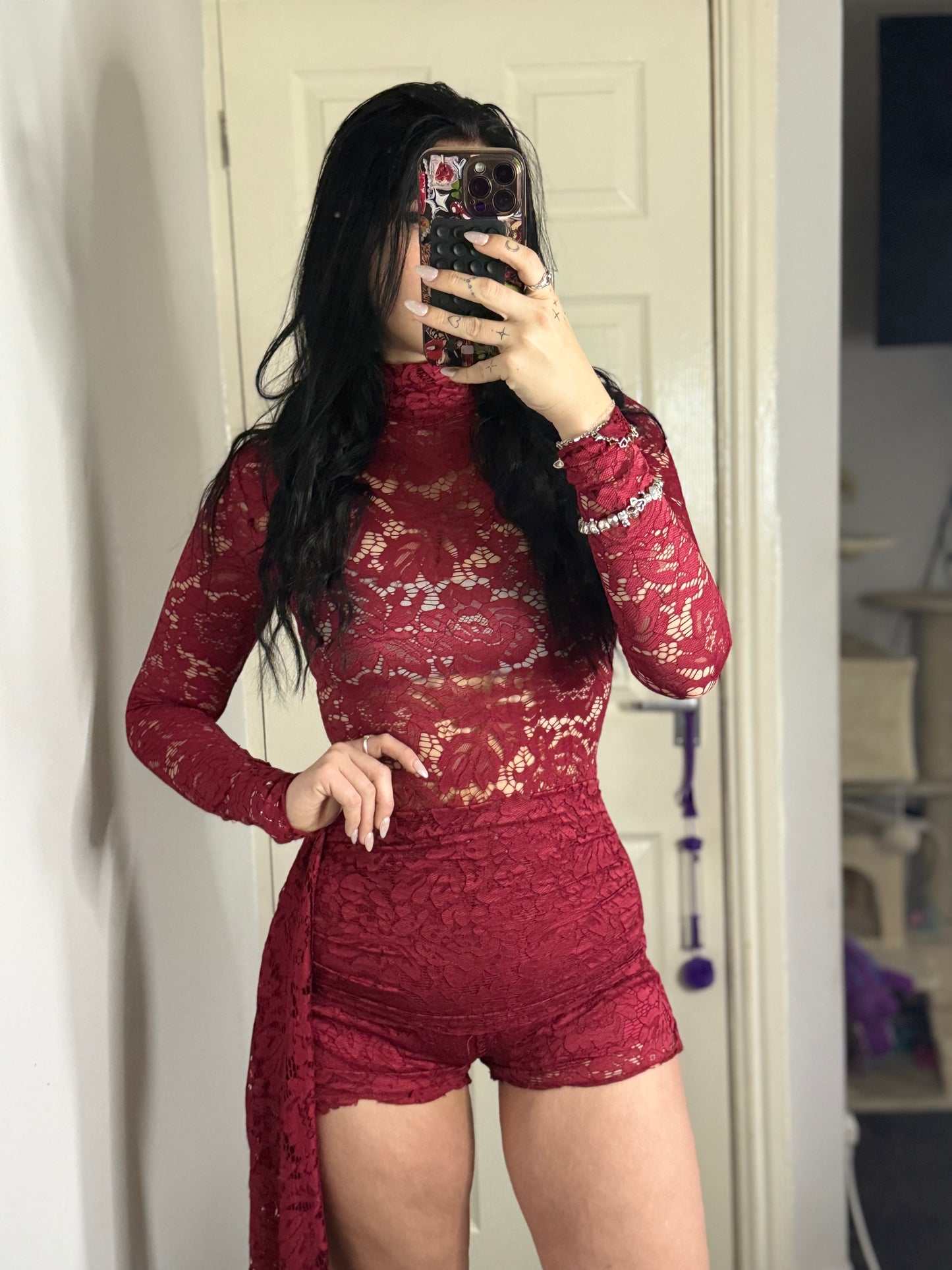 Lace Long Sleeve Romper with Side Drape – Red / Blush Pink