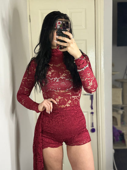 Lace Long Sleeve Romper with Side Drape – Red / Blush Pink