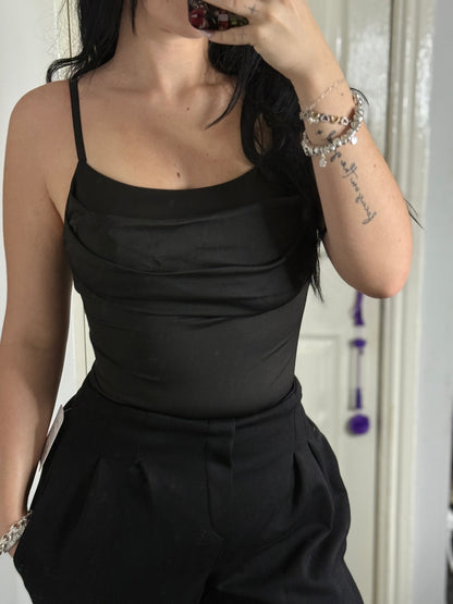 Black padded satin look bodysuit