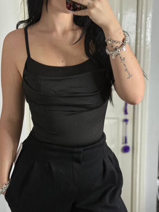 Black padded satin look bodysuit