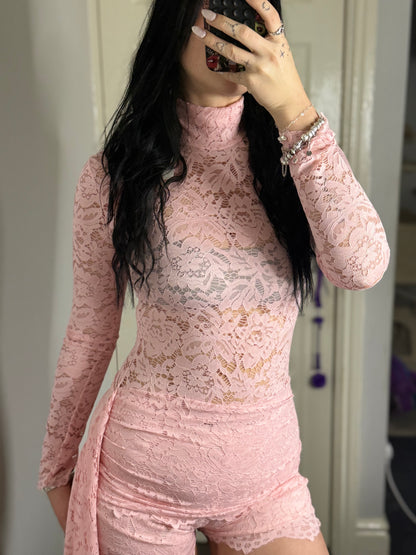 Lace Long Sleeve Romper with Side Drape – Red / Blush Pink