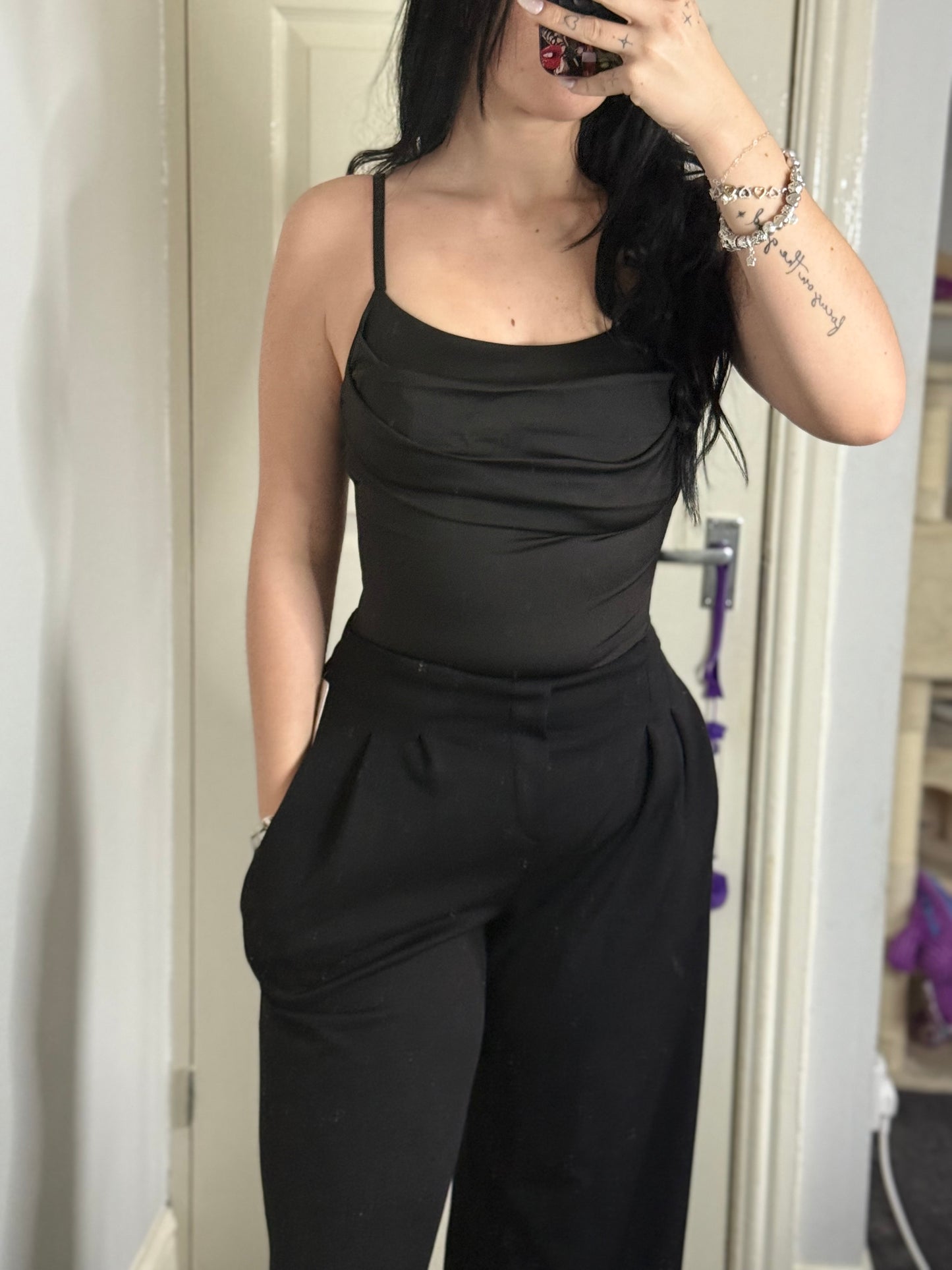 Black padded satin look bodysuit