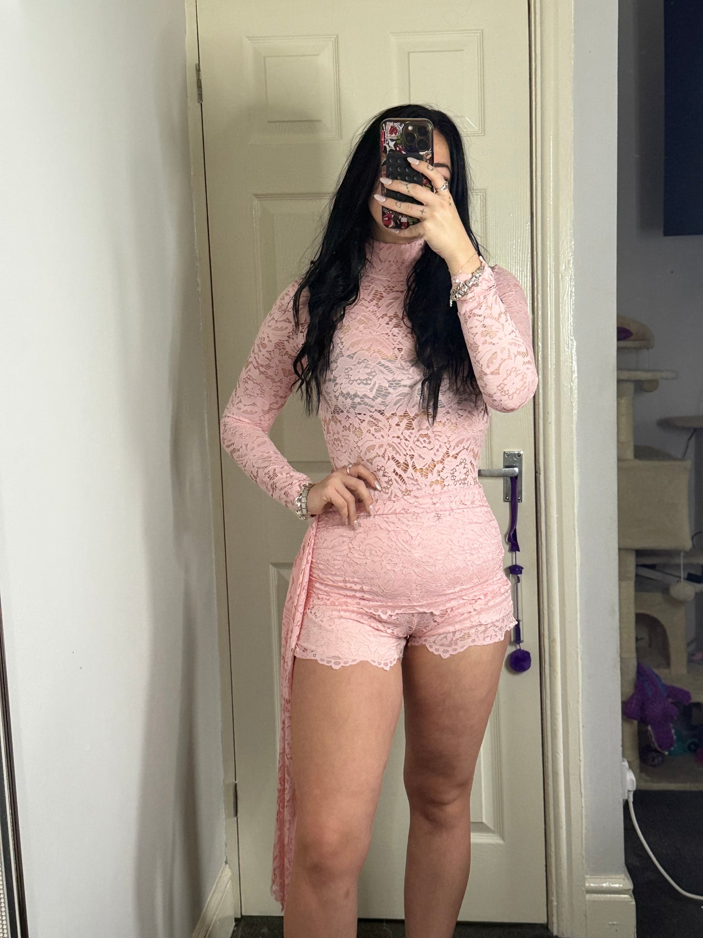 Lace Long Sleeve Romper with Side Drape – Red / Blush Pink