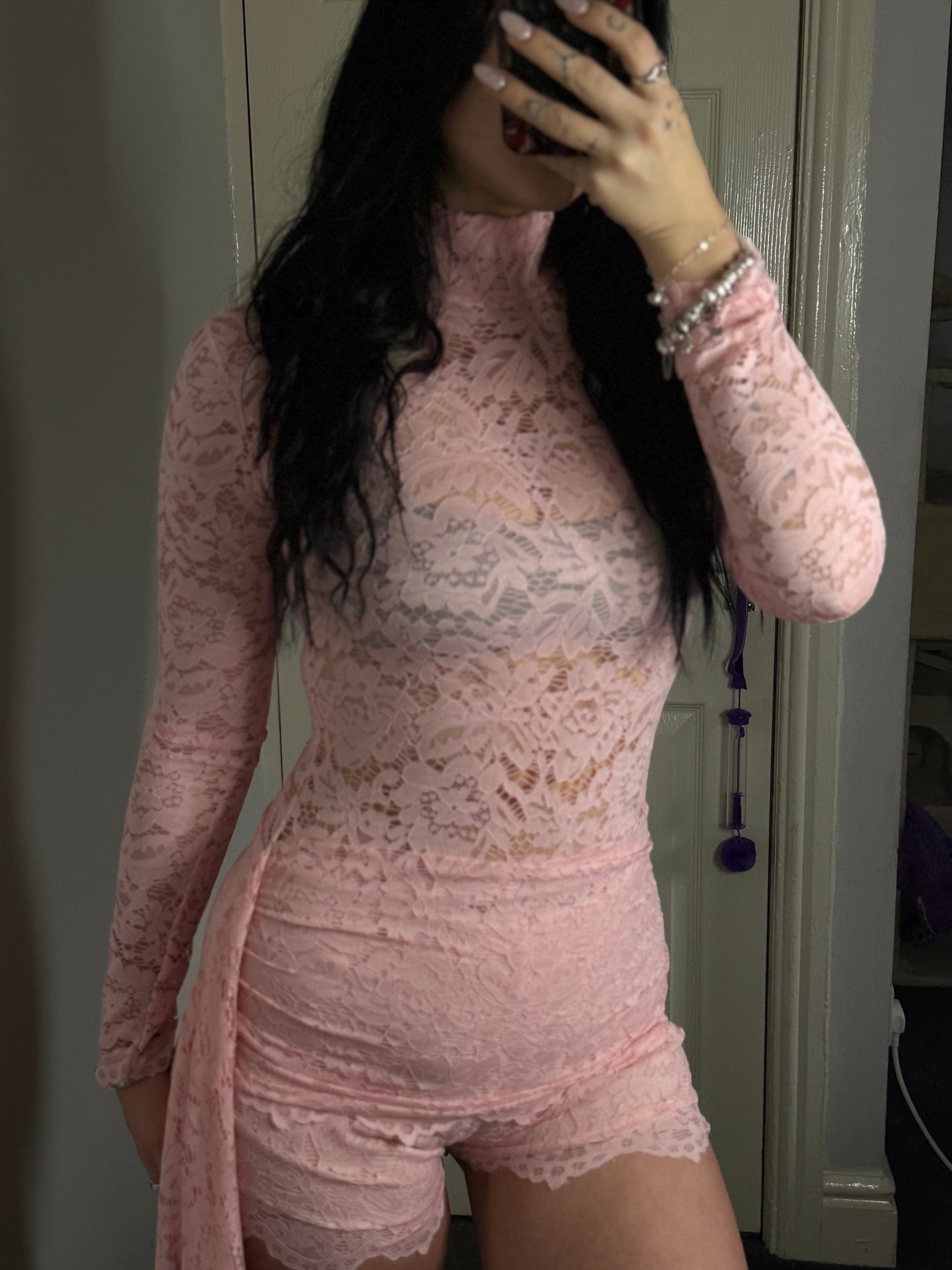 Lace Long Sleeve Romper with Side Drape – Red / Blush Pink