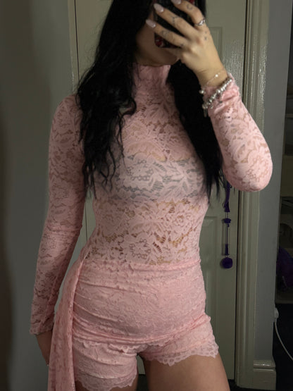 Lace Long Sleeve Romper with Side Drape – Red / Blush Pink