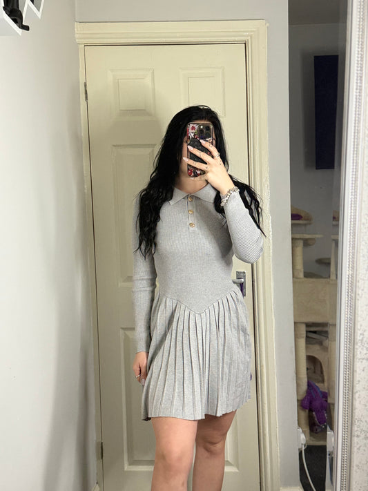 Grey knit gold button dress
