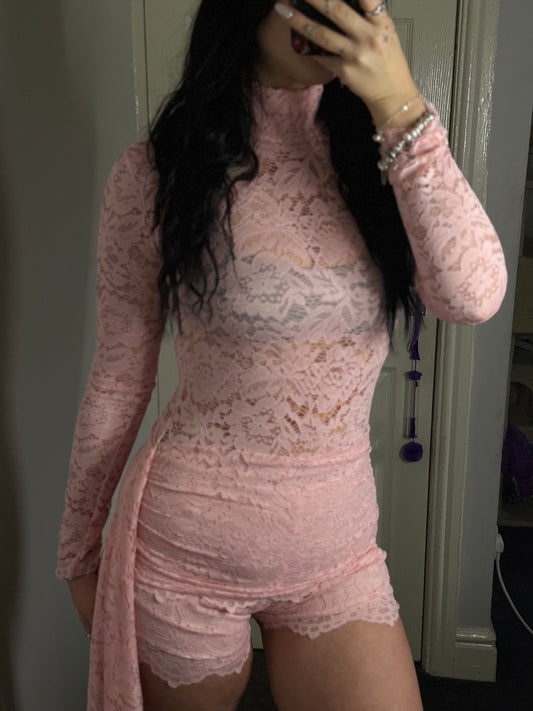 Lace Long Sleeve Romper with Side Drape – Red / Blush Pink