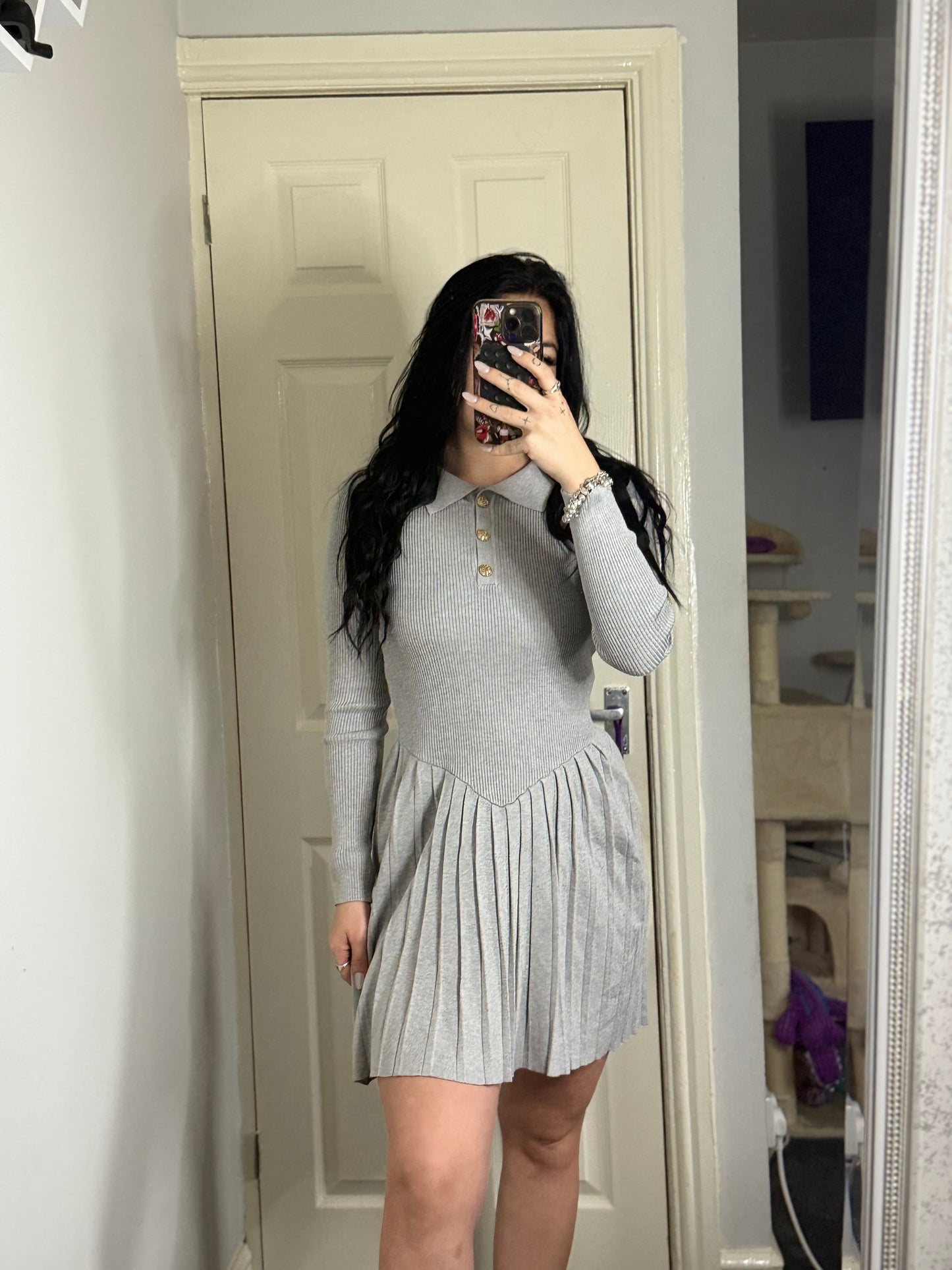 Grey knit gold button dress