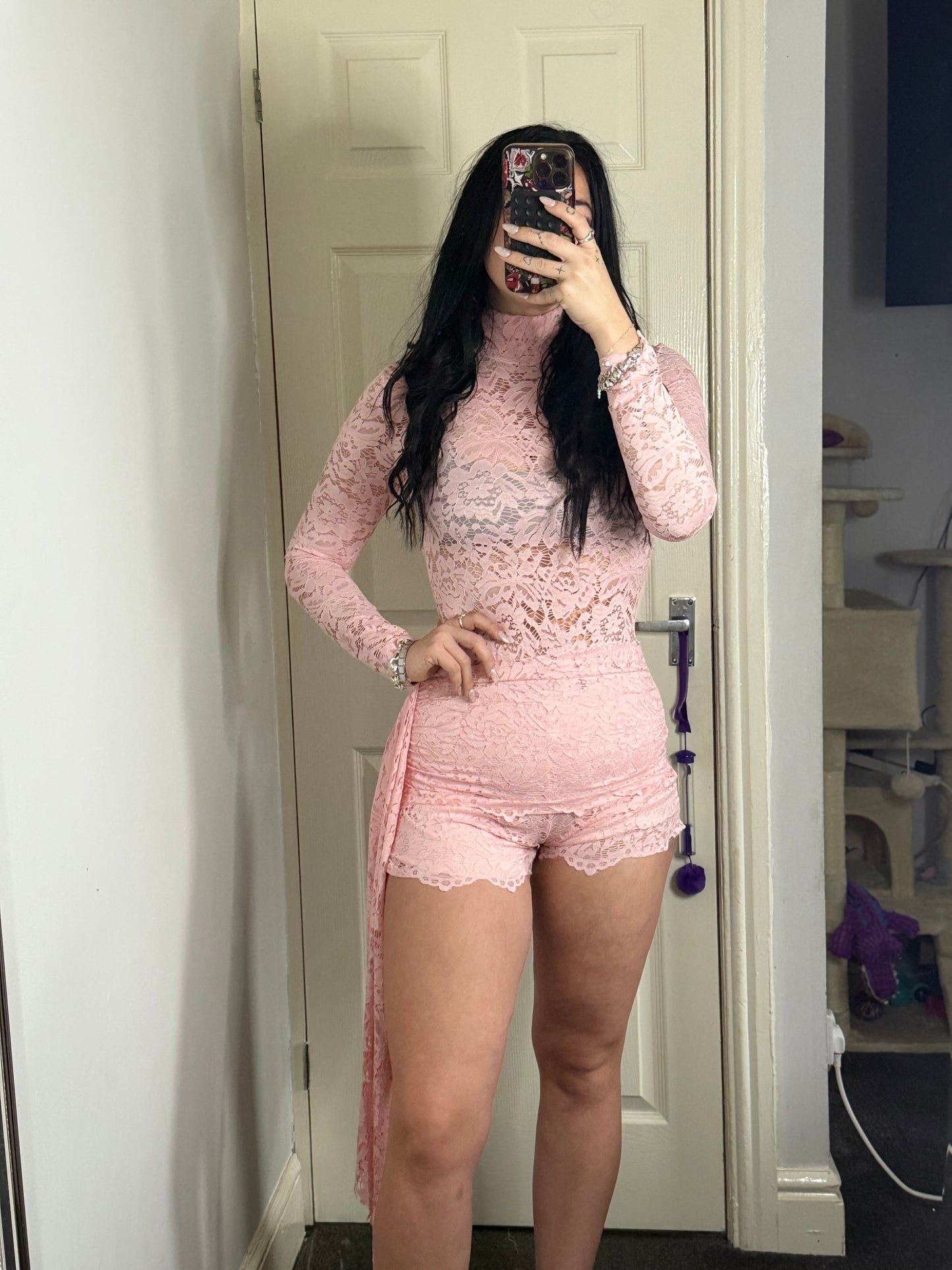 Lace Long Sleeve Romper with Side Drape – Red / Blush Pink