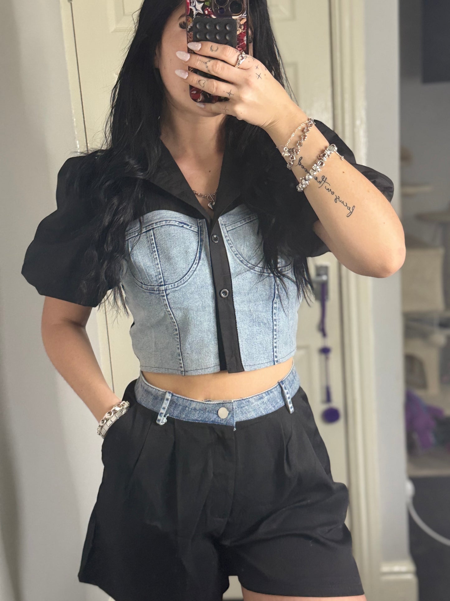 Denim Contrast Crop Top & Black Shorts Set – Mixed Media Two-Piece Outfit