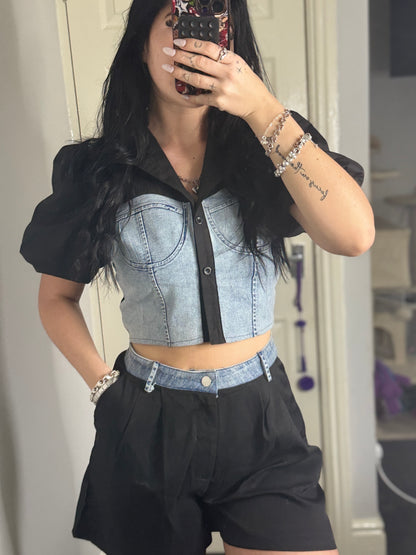 Denim Contrast Crop Top & Black Shorts Set – Mixed Media Two-Piece Outfit