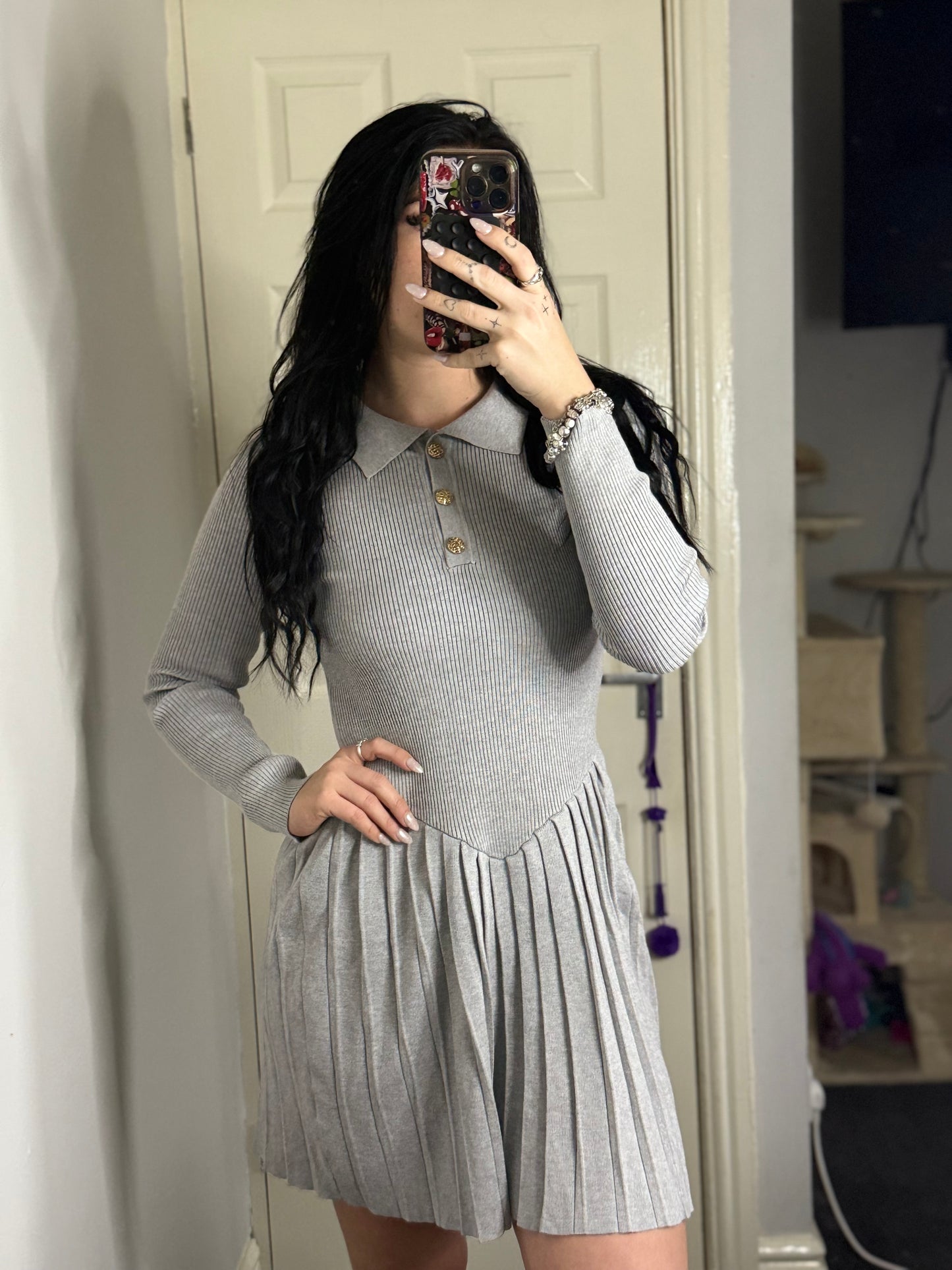 Grey knit gold button dress
