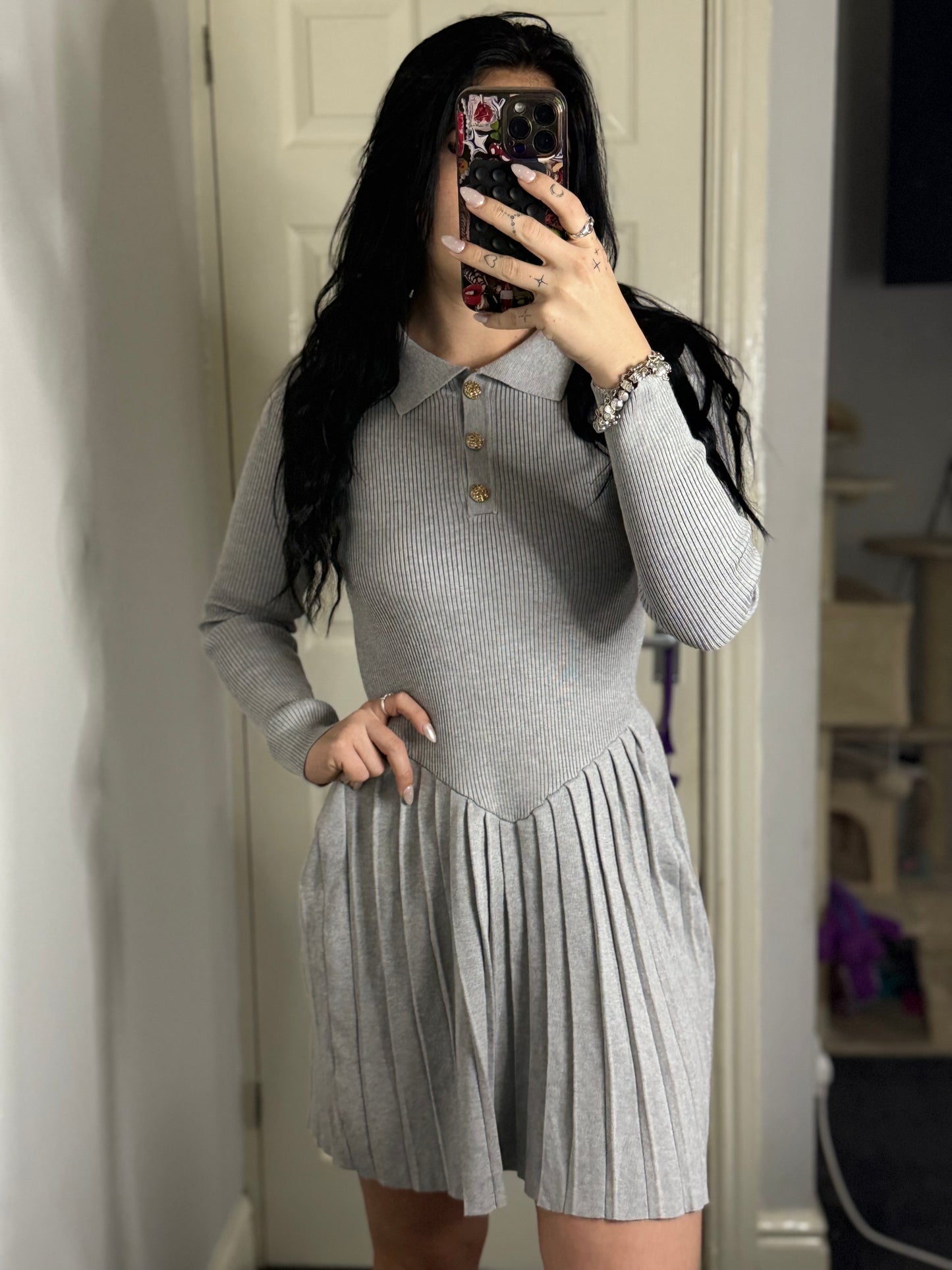 Grey knit gold button dress