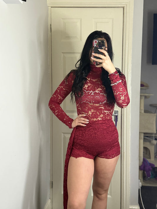 Lace Long Sleeve Romper with Side Drape – Red / Blush Pink