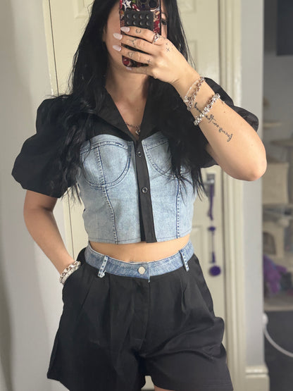 Denim Contrast Crop Top & Black Shorts Set – Mixed Media Two-Piece Outfit