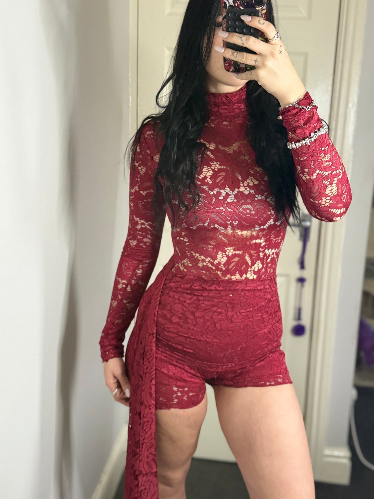 Lace Long Sleeve Romper with Side Drape – Red / Blush Pink