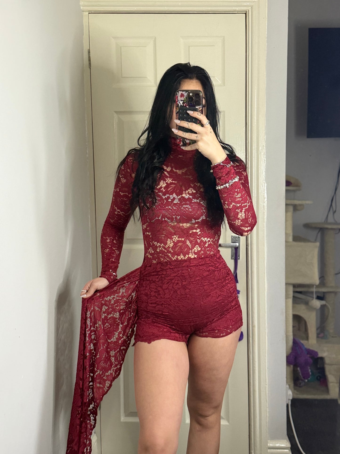 Lace Long Sleeve Romper with Side Drape – Red / Blush Pink
