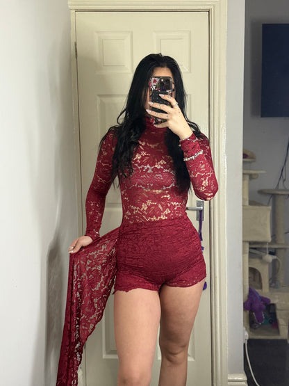 Lace Long Sleeve Romper with Side Drape – Red / Blush Pink
