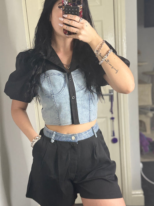 Denim Contrast Crop Top & Black Shorts Set – Mixed Media Two-Piece Outfit
