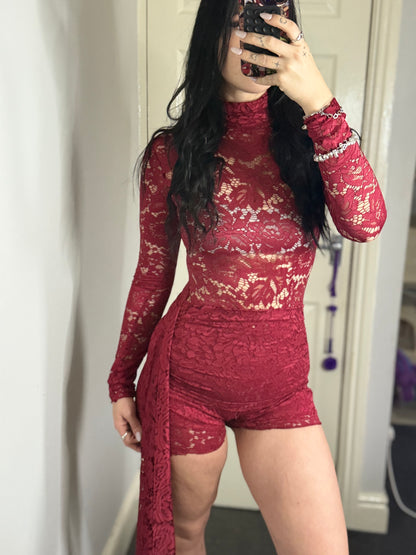 Lace Long Sleeve Romper with Side Drape – Red / Blush Pink