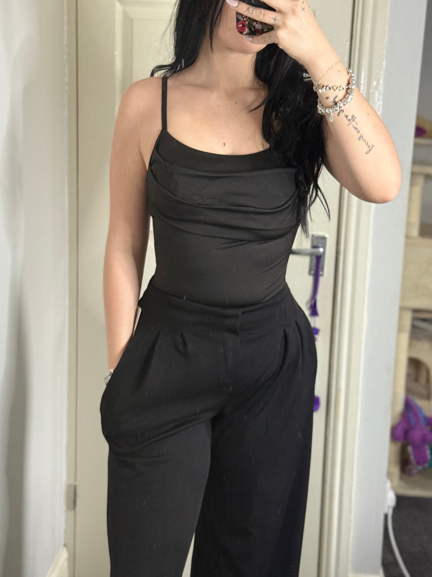 Black padded satin look bodysuit