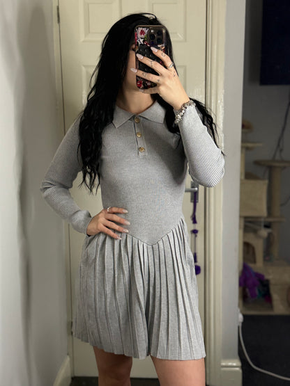 Grey knit gold button dress