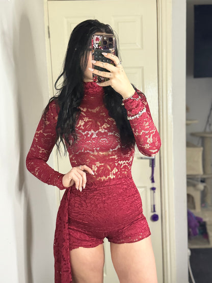 Lace Long Sleeve Romper with Side Drape – Red / Blush Pink