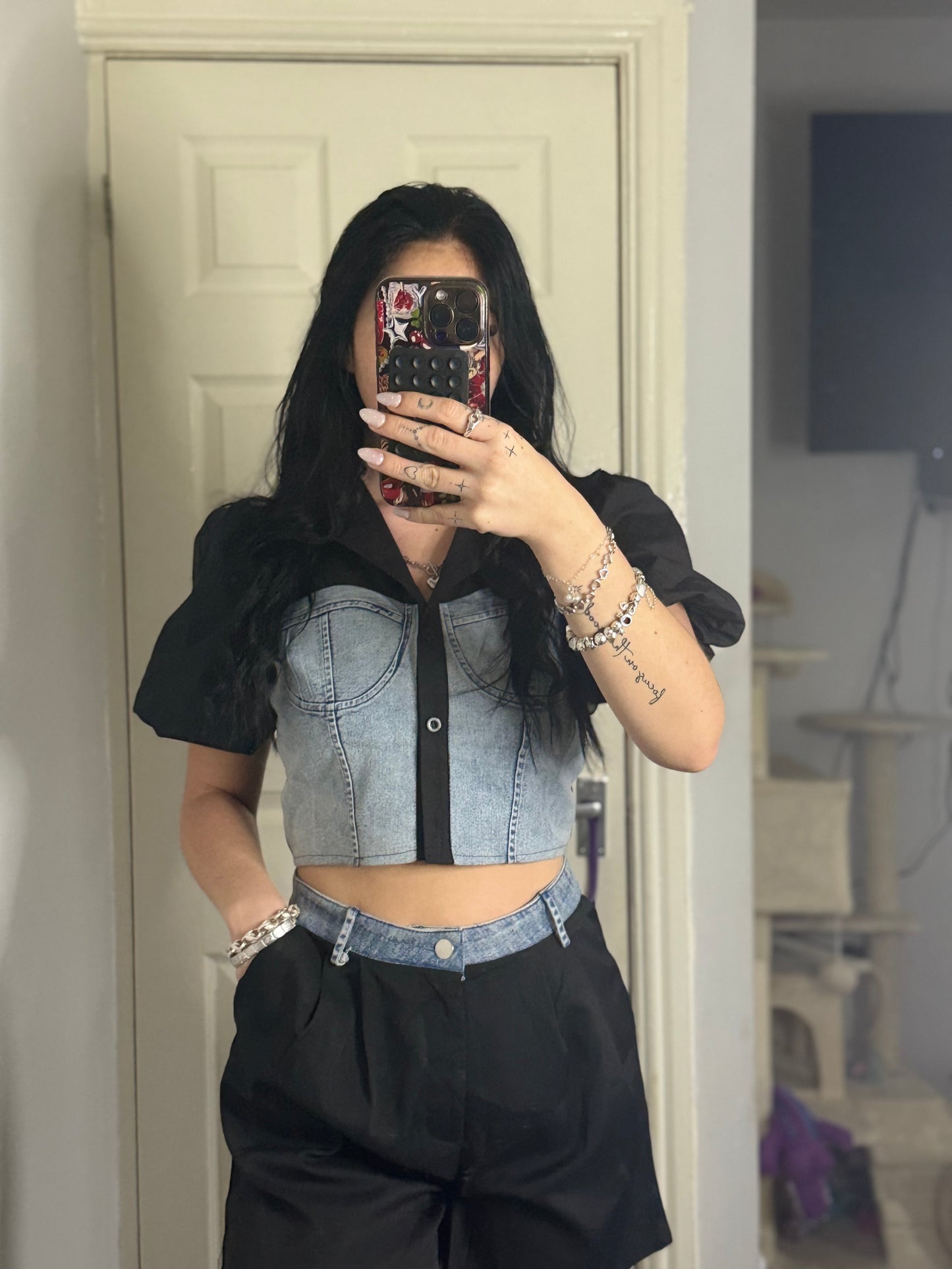 Denim Contrast Crop Top & Black Shorts Set – Mixed Media Two-Piece Outfit